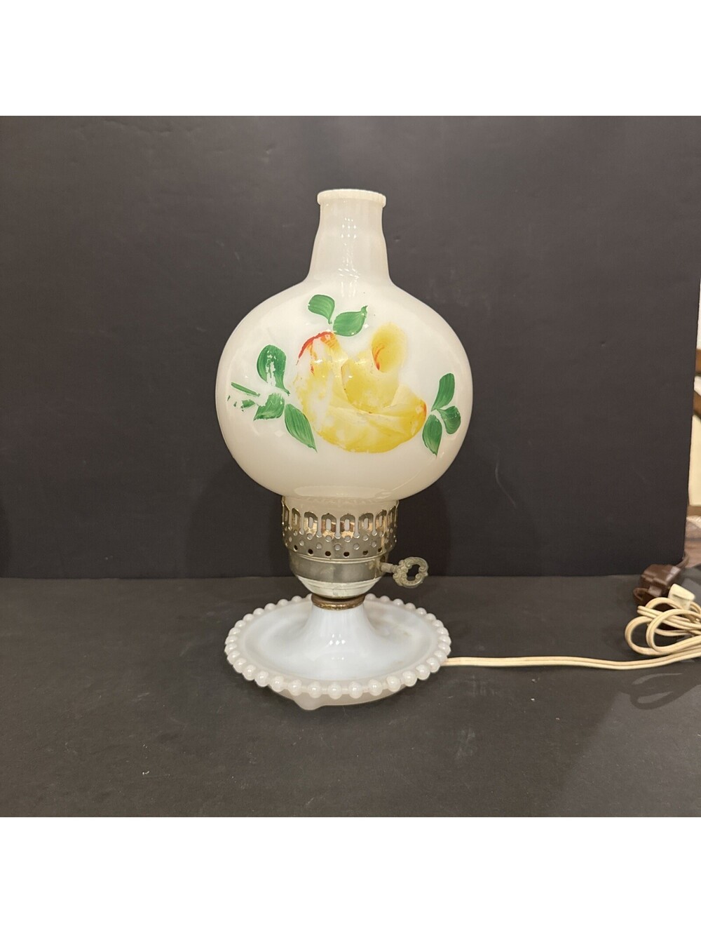 Vintage Parlor Hurricane Table Lamp(Hand Painted) Milk Glass Shade Chimney